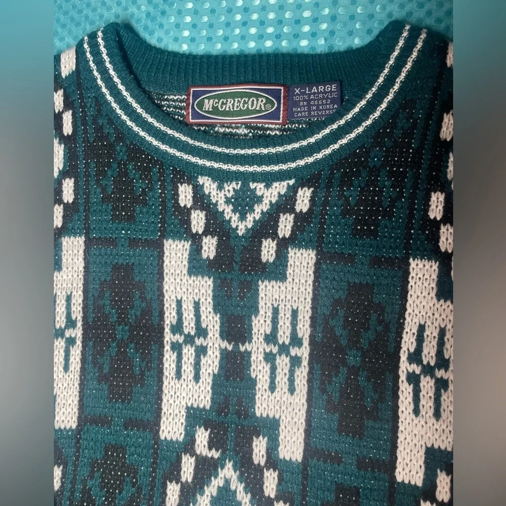 Vintage McGregor Patterned Blue Black Acrylic Knit Crewneck sz XL